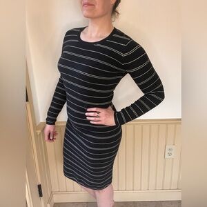 ATHLETA Weather Wool Knit Striped Black White Midi Sweater Dress Womens Small